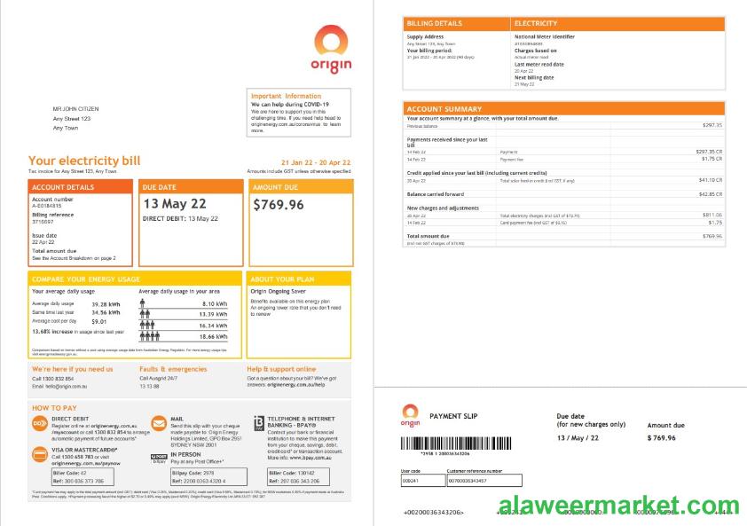 Australia Origin utility bill, Word and PDF template, 4 pages 1 2